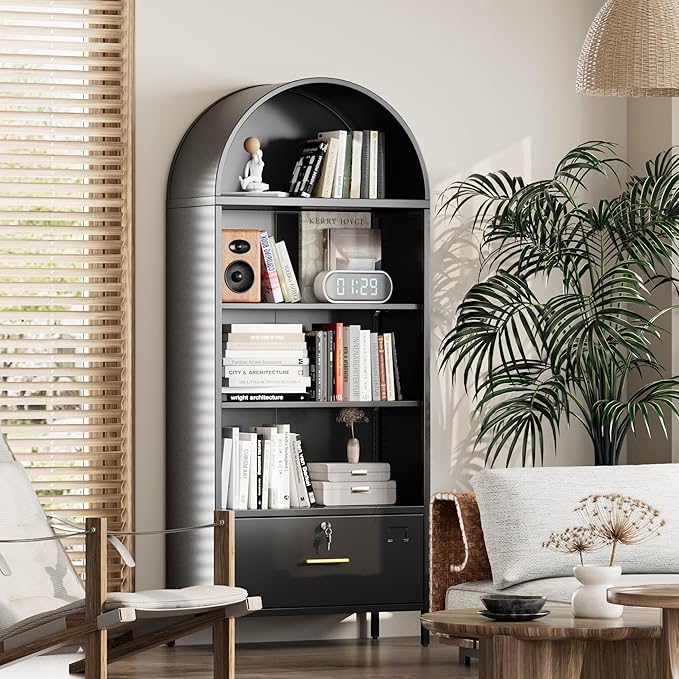 Aobabo 72.8" H Metal Arched Bookcase with 2 Adjustable Shelves and 1 File Drawer for Home Office, Black,Required Assembled