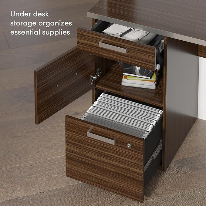 Bestar, Ridgeley Collection, Modern Executive Computer Desk with Pedestal and Hutch