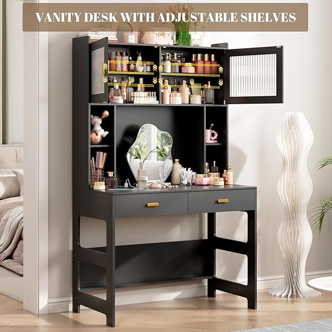 Vlsrka Home Office Desk with Hutch and Drawers, 40" Computer Desk with Storage Shelves and LED Lights, Modern Wooden Writing Study Table with Charging Station for Bedroom, Black