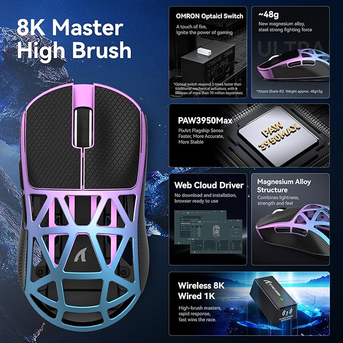 ZIYOU LANG x Attack Shark R2 Wireless Gaming Mouse, Lightweight Magnesium Alloy, PAW3950 42000 DPI Optical Sensor, 8KHz Polling Rate, BT/2.4G/Wired Programmable Mice with Grips Sticker (Purple Blue)