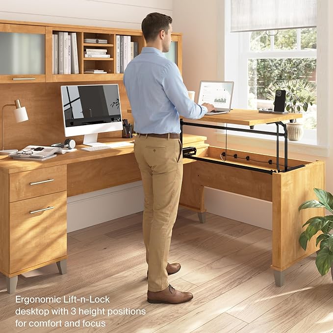 Bush Home Somerset 72W 3 Position Sit to Stand L Shaped Desk with Hutch in Maple Cross | Adjustable Height Table for Office