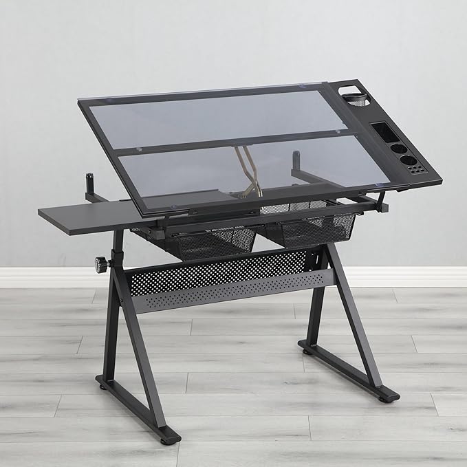 Drafting Table with Stool, Height Adjustable Drafting Desk Tempered Glass Artist Drawing Table Tilted Tabletop, Art Craft Artists Desk Work Station w/2 Storage Drawers for Home Office (Black)