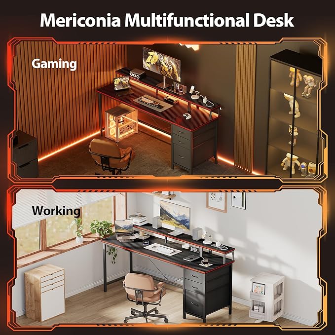 Mericonia Computer Desk 63 inch with Power Outlets & LED Lights, Gaming Desk with 3 Drawers for Home Office, Small Desk with Monitor Stand for Small Spaces, Study Writing Desk