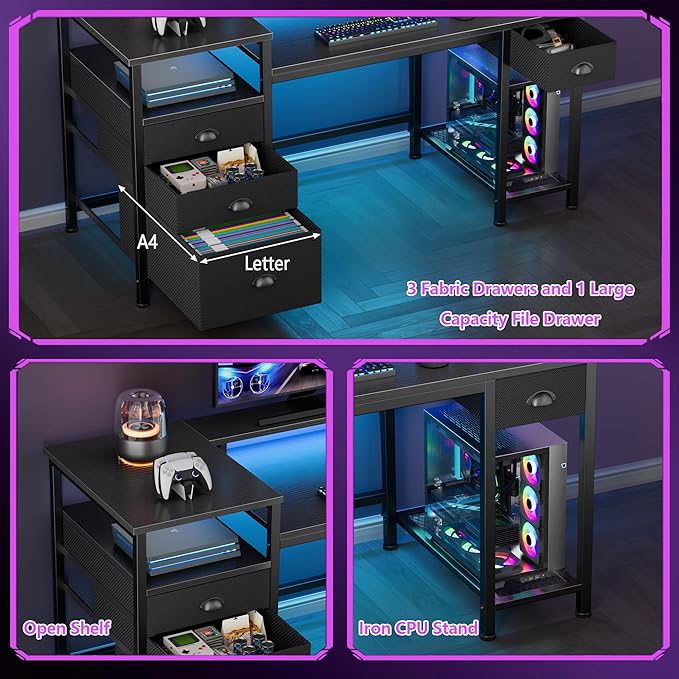 Furologee 52'' Gaming Desk with LED Lights and Power Outlets, Reversible Computer Desk with 4 Drawers, Fabric File Cabinet, Printer Space, Shelves and Monitor Stand for Home Office and Bedroom, Black