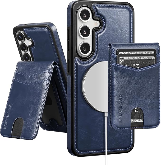 SkyEagle Compatible with Magsafe 2 in 1 Detachable Samsung Galaxy S25 Plus Wallet Case with Card Holder,Women Men Magnetic PU Leather RFID Blocking Flip Folio Kickstand Credit Slots,Blue
