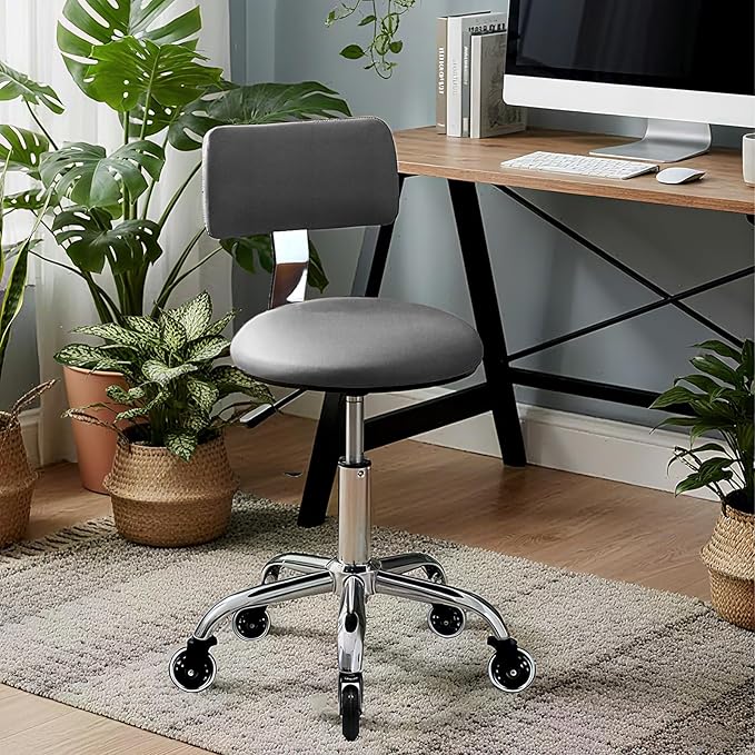 Rolling Stool Chair with Wheels, Office Drafting Chair with Back Support, Height Adjustable Standing Desk Stool with PU Leather Cushion for Home Office Kitchen Vanity Salon Garage Tattoo Dentist(Grey)