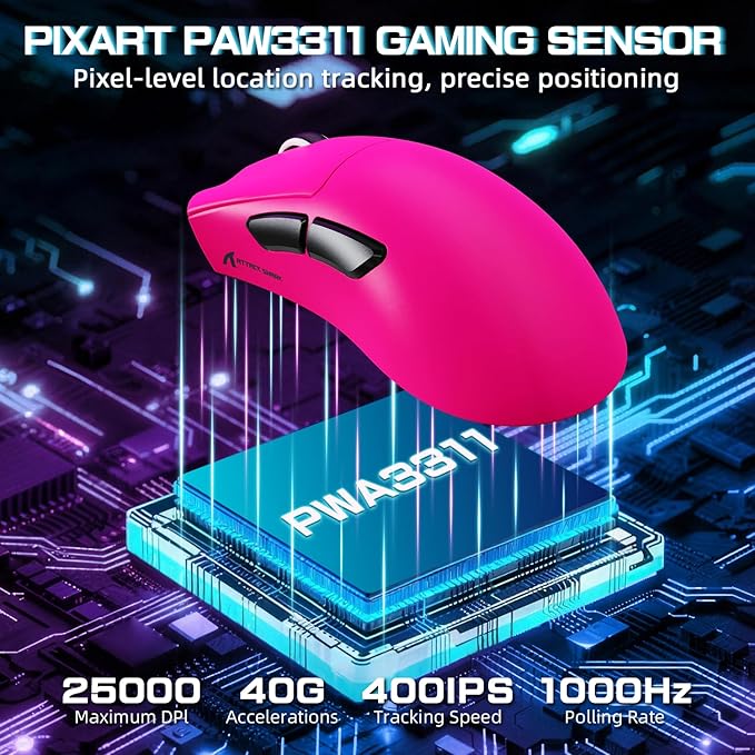 ATTACK SHARK V3 Pro Wireless Esports Gaming Mouse with Magnetic Charging Dock:62g Lightweight-1K Polling-25K DPI-PAW3311 Sensor,Wired/BT/2.4Ghz Programmable,BK52820 IC for PC Mac Win Gamer(Berry Red)