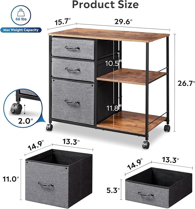 DEVAISE 3 Drawer Mobile File Cabinet, Rolling Printer Stand with Open Storage Shelf, Fabric Lateral Filing Cabinet fits A4 or Letter Size for Home Office, Rustic Brown