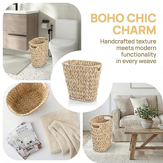 Pumtus Woven Trash Can, Waterproof Plastic Handwoven Waste Basket with Built-in Handles, 5 Gallon Bathroom Bedroom Garbage Container, Decorative Boho Storage Bin for Office, Kitchen, Laundry, Dorm
