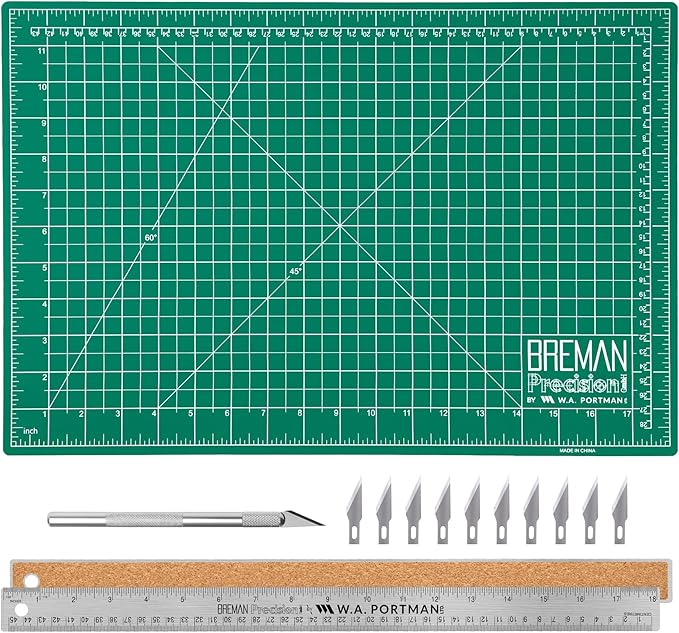 WA Portman 12x18 Inch Self Healing Cutting Mats for Crafts – Fabric Cutting Mat with Precision Craft Knife, 10#11 Hobby Knife Blades & Metal Ruler 18 Inch Cork Backed Ruler – All-in-One Craft Kit