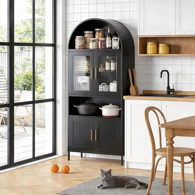 VEXPOR 73" Tall Arched Kitchen Pantry Cabinet with Doors, Metal Arched Hutch Cabinet for Kitchen, Dining Room, Living Room, Assembly Required, Black