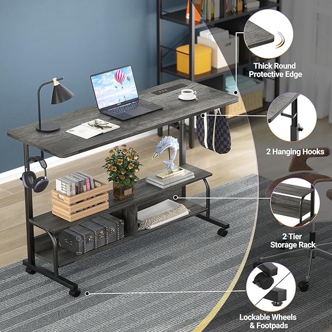 Armocity Rolling Standing Desk with Power Outlets, 47" Manual Height Adjustable Mobile Computer Desk with Wheels, Portable Sit Stand Laptop Couch Table for Bed & Sofa Home Office, Grey Oak