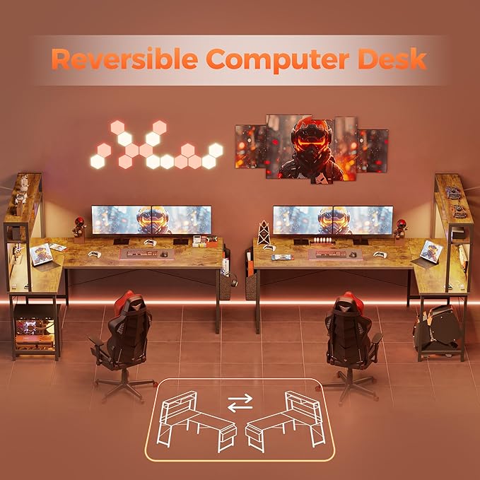 Mericonia 50 inch Large L Shaped Desk with Pegboard Hutch & Shelves, Corner Gaming Desk with Power Outlet, LED Light & Storage Bag, Reversible Computer Desk for Home, Bedroom, Office Workspace, Brown