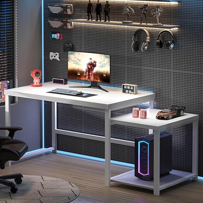 FOLUBAN Large White Computer Desk, Home Office Desk with Printer Space & PC Tower Stand, Modern Study Writing Table Workstation for Living Room Bedroom, 63 Inch