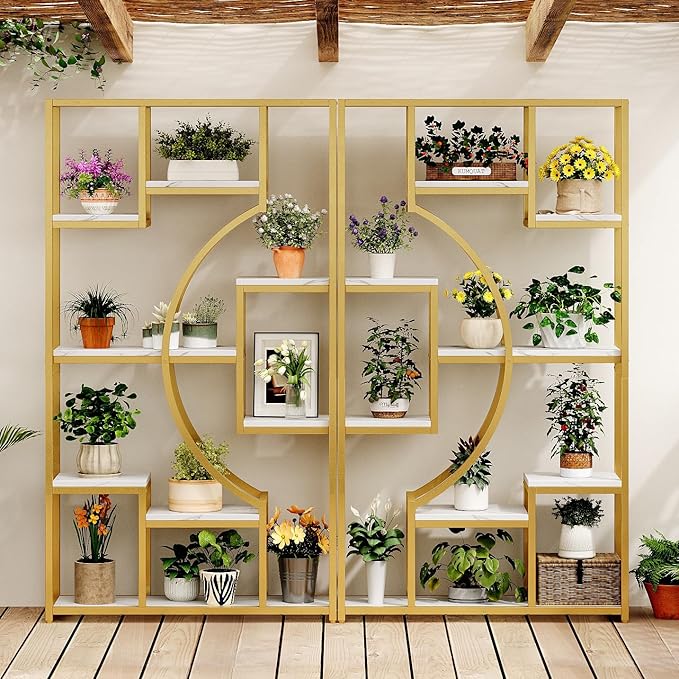 LGHM 79" W Luxury Marble-Patterned White Gold Bookshelf, Modern Geometric Half-Moon Style, Flexible Modular Open Storage Unit for Living Room, Home, Office