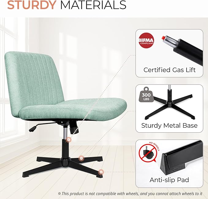 Orange Factory Criss Cross Chair No Wheel Wide Cross Legged Office Desk Vanity Chair Comfy Fabric Armless Adjustable Swivel for Home Computer Task (Mint No Wheel, Classic Fabric)