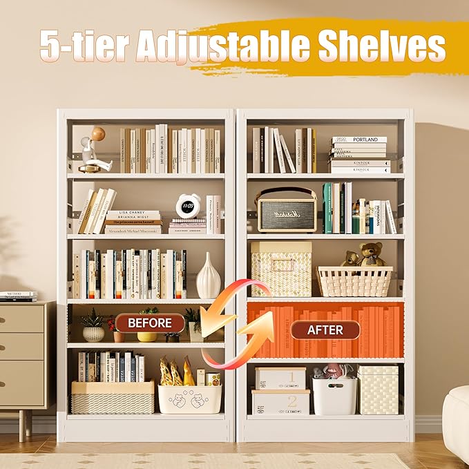 71" Metal Bookshelf,5 Tier White Bookshelf with Adjustable Shelves,Heavy Duty Bookshelves and Bookcases,Tall Bookcase for Living Room,Library,Office,Including Book Stopper (White, 37.4" Wide)