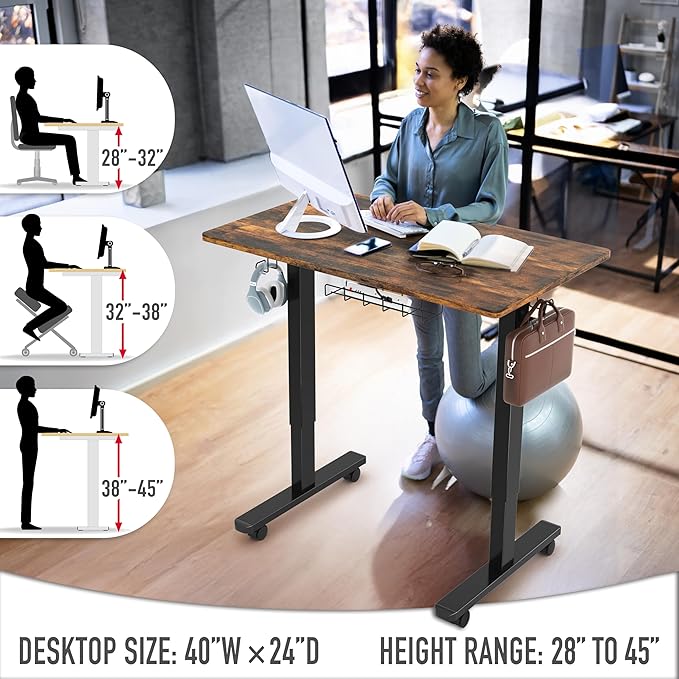 SHW 40-Inch Mobile Electric Height Adjustable Sit to Stand Desk with Drawer, Hanging Hooks and Cable Management, Rustic Brown