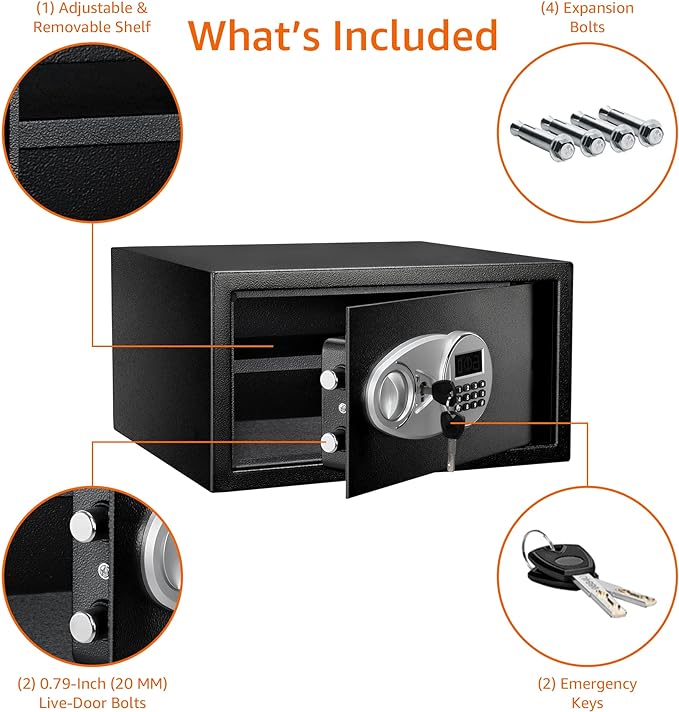 Amazon Basics Steel Security Safe and Lock Box with Programmable Electronic Keypad, for Valuables, Cash, Jewelry, Documents, Black, 1 Cubic Foot, 16.9-x-14.6-x-9.1-inches (WxDxH)