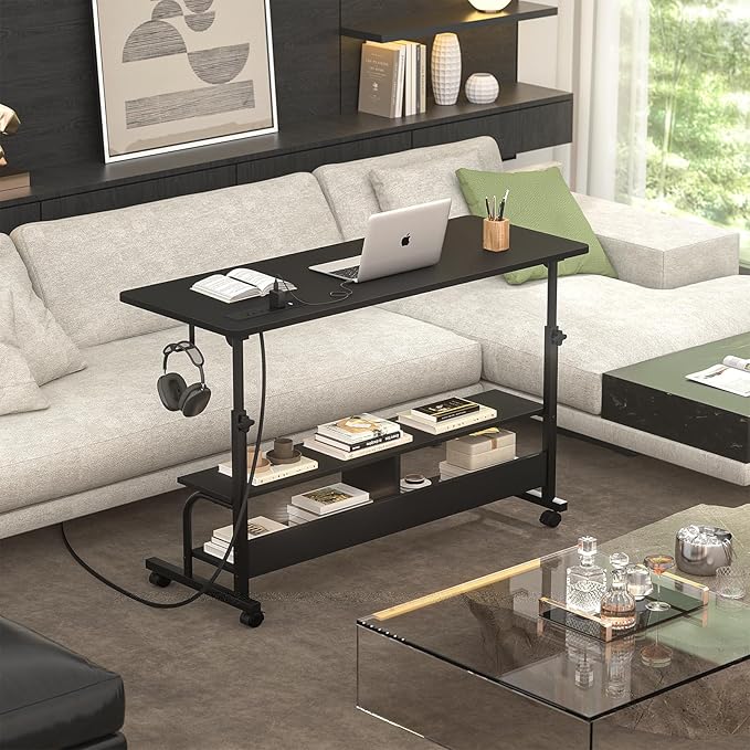 Armocity Rolling Standing Desk with Power Outlets, 47" Manual Height Adjustable Mobile Computer Desk with Wheels, Portable Sit Stand Laptop Couch Table for Bed & Sofa Home Office, Black