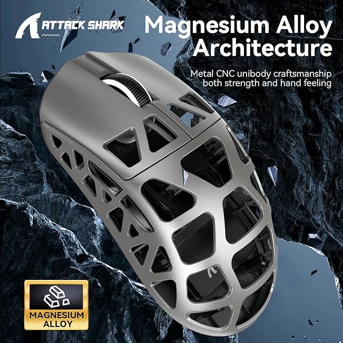 ATTACK SHARK R3 46g Superlight Wireless Gaming Mouse, Magnesium Alloy BT/2.4Ghz/Wired Computer Mouse, PAW3395 26K DPI Sensor, 8000Hz Wireless Polling Rate Programmable Mice for PC/Laptop/Mac (Grey)