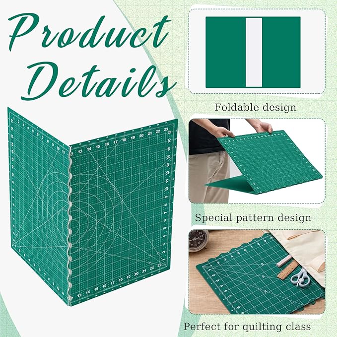 Teenyyou 18" x 24" Self Healing Folding Cutting Mat with Grid for Quilting, Sewing, Craft Hobby Board Sewing Cutting Mat for Quilting, Leather, Fabric, Crafting, Scrapbooking, Art, Clay, Green
