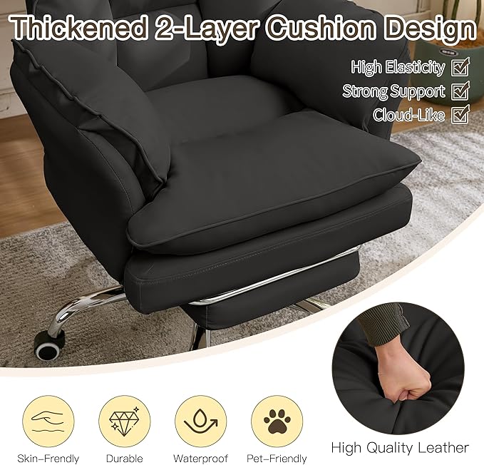 Ergonomic Cloud Cross Legged Office Chair with Footrest,Leather Big and Tall Executive Chair with Wheels,Reversible Armrest,155° Reclining Computer Wide Desk Chair for Home,Office (Black)