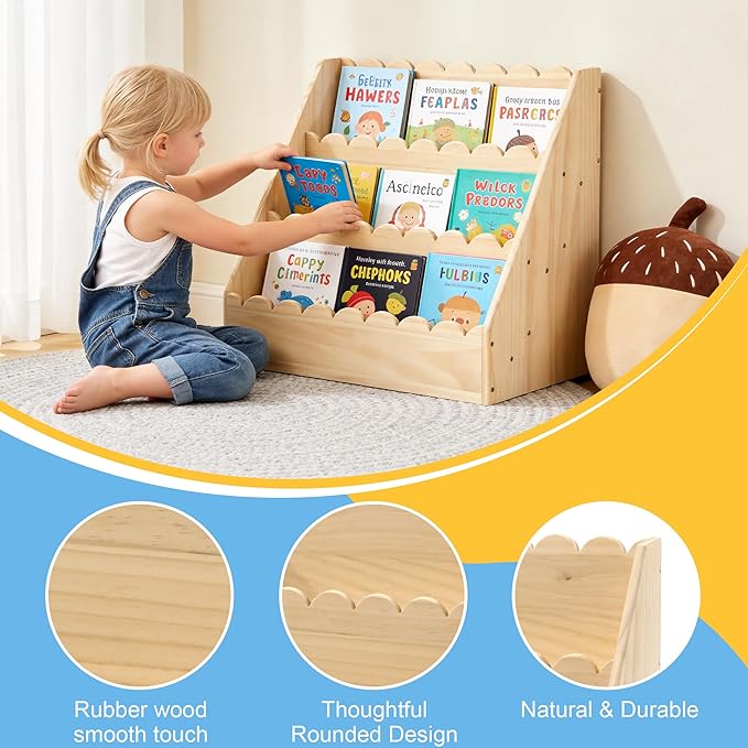 BALAPET Scalloped Book Shelf for Kids, 3-Tier Wooden Bookshelf Perfect Height for 1-5 Years Toddler, Durable Bookcase Book Organizer for Nursery Room(Wooden,23.6 * 16.5 * 10.6in)
