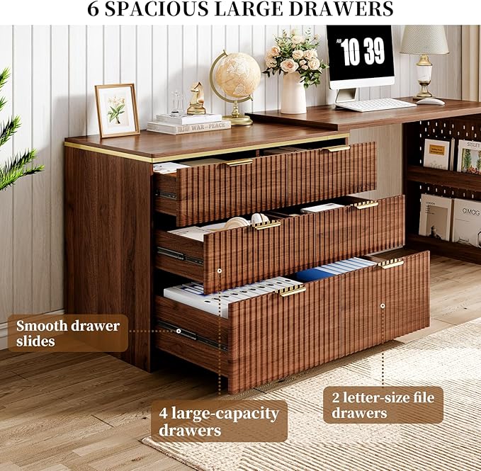 Ieejdn L Shaped Standing Desk,47" Home Office Desks, Executive, Farmhouse Computer Desk with 6 Drawers File Drawer, Rustic Computer Writing, Walnut