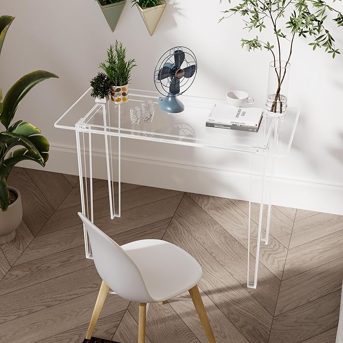 Acrylic Desk, Acrylic Table & Clear Desk - Modern Home Office Study Table, Extended Surface Multi-Purpose Console, Sturdy Lightweight for Small Spaces Transparent Workstation (Transparent-M)