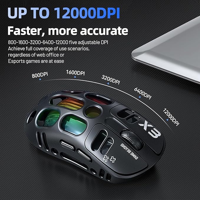 X3 Wireless Gaming Mouse with 70g Lightweight Hollowed Out Design – 12,000 DPI PAW 3311 Sensor, 6 Programmable Buttons, Support Wired/2.4GHz/BT for PC/Mac/Gamer (Black)