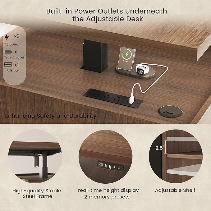 ModernMate Furniture Set, 70.8'' Executive Standing Desk with 71'' Tall Bookcase, AC/USB, File Cabinet, Double-Sided Narrow Display Shelves, Home Office Wood Storage Furniture, Black Walnut