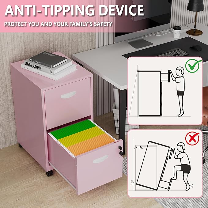 Polup 2 Drawer Rolling File Cabinet on Wheels, Mobile Two Drawer Filing Cabinet with Lock, Small Files Cabinets for Under Desk, Metal Filing Cabinets for Letter Size Folders, Pink - Assembly Required
