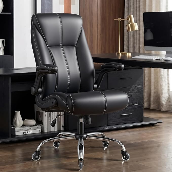 Big and Tall Office Chair for Heavy People, 500LBS High Back Extra Wide Executive PU Leather Office Chair with Flip-Up Armrests, Quiet Rubber Wheels, Comfortable Home Office Desk Chair (Black)
