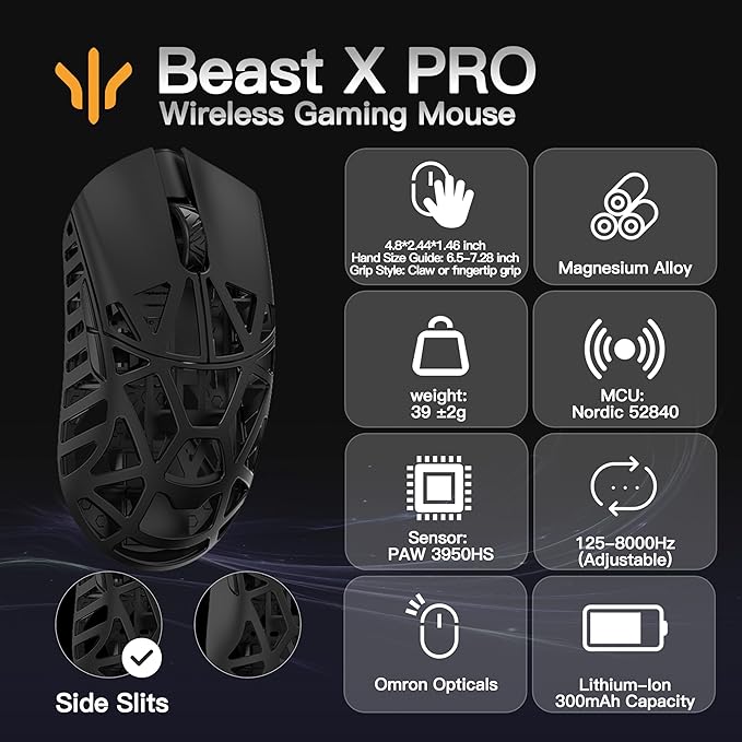 WLMOUSE Beast X Pro Ultra-Light 39g Magnesium Gaming Mouse, PAW3950 HS Sensor, 8K Polling Rate, 30000 DPI,OM & TTC Switches, Customizable Side Panels.(Black(OM Switch-Side Slits))