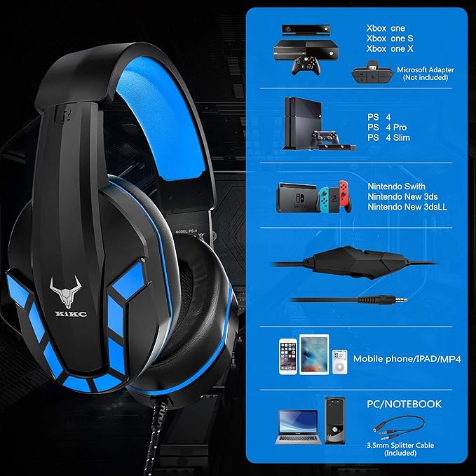 Kikc Gaming Headset with Mic for PS4, PS5, Xbox, PC, Switch, Controllable Volume Gaming Headphones with Soft Earmuffs for Mobile Phone, iPad, and Notebook, 40mm Drivers, 3.5 mm Audio Jack-Blue