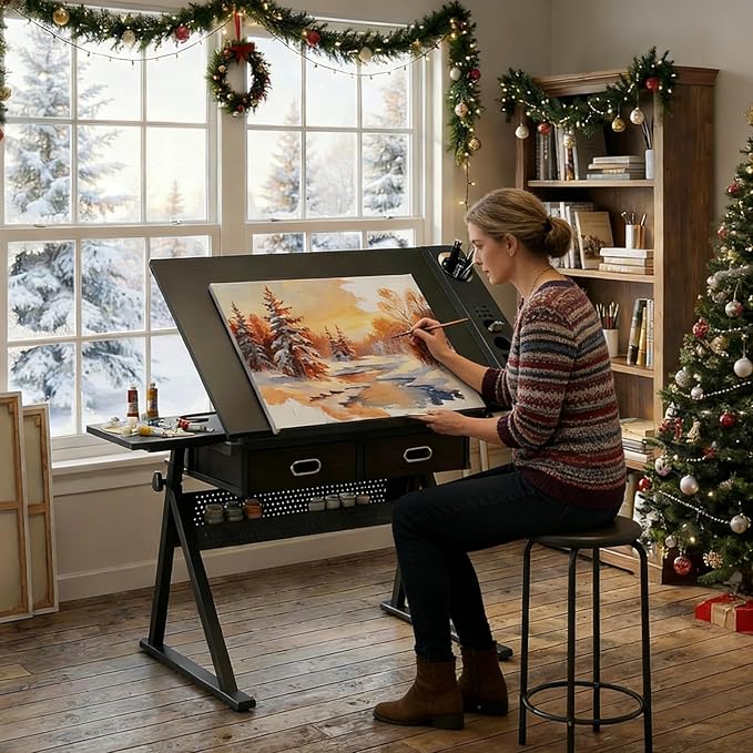 Drafting Table with Stool, Height Adjustable Drawing Table Art Table Painting Table Art Craft Desk with 0-75° Tilting Tabletop and Storage Drawers, Black