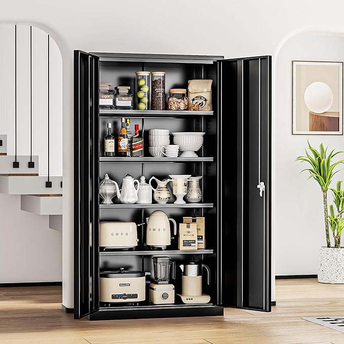 INTERGREAT Metal Storage Cabinet, 72” H Storage Cabinet with Doors and Adjustable Shelves for Office, Home, Garage, Pantry (Assembly Required, Black)