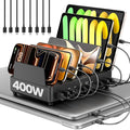 400W Charging Station for Multiple Devices,Dual PD 100W Multi USB C Charging Station with 8 Cable,10 Port Charger Station for MacBook iPhone iPad Laptop Cell Phone Android Tablet-Black