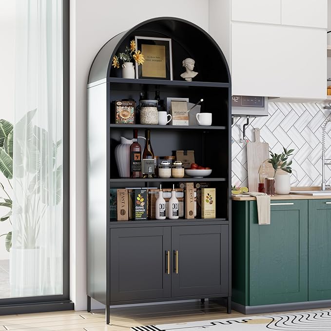 Metal Arched Bookcase Cabinet,Wide Black Arched Bookshelf with 2 Adjustable Shelf for Home Office Living Room,Required Assembly,17.7" D x 35.5" W x 78.8" H