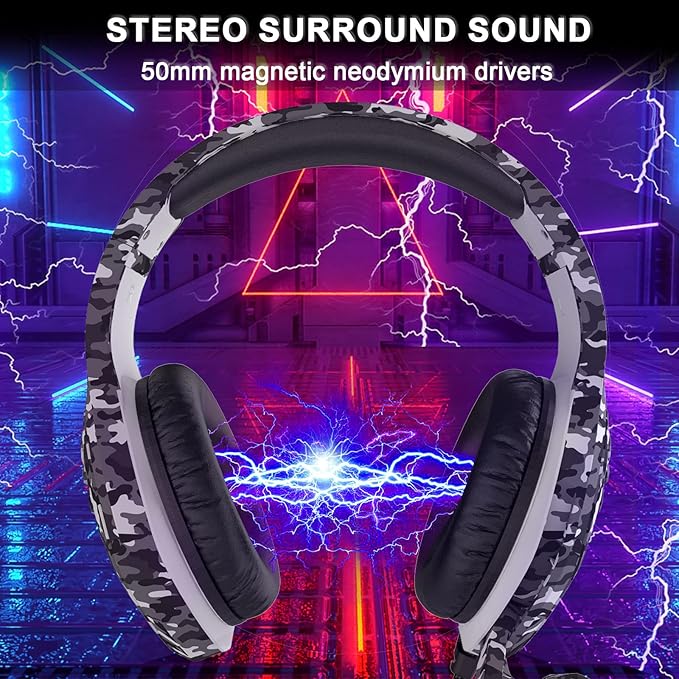 Gaming Headset with Microphone - for PC, PS4, PS5, Switch, Xbox One, Xbox Series X|S - 3.5mm Jack Gamer Headphone with Noise Canceling Mic (Camo Black)