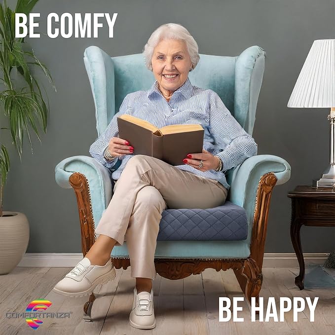 Medium-Soft 20x20x4 Memory Foam Recliner Chair Seat Cushion for Long Sitting - Armchair Pad with Washable Velvety Cover with Waterproof Layer & Non-Slip Base for Seniors & Elderly - Gray