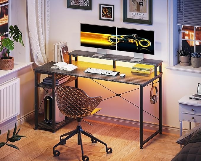 MOTPK 48 Inch Gaming Desk with Storage & Led Lights, Computer Desk with Shelf, Reversible Gamer Desk with Monitor Stand, Carbon Fiber Texture Black