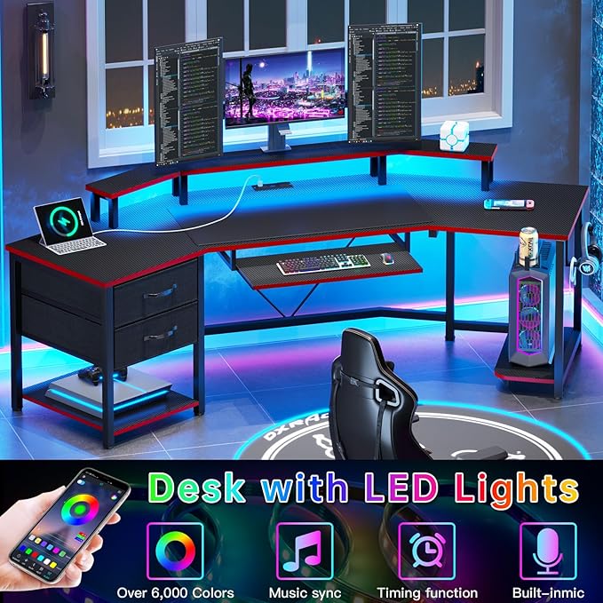 SEDETA 79" Gaming Desk, Computer Desk with 2 Fabric Drawers & LED Light, L Shaped Gaming Desk with Storage Shelf for Home Office, Carbon Fiber Black&Red