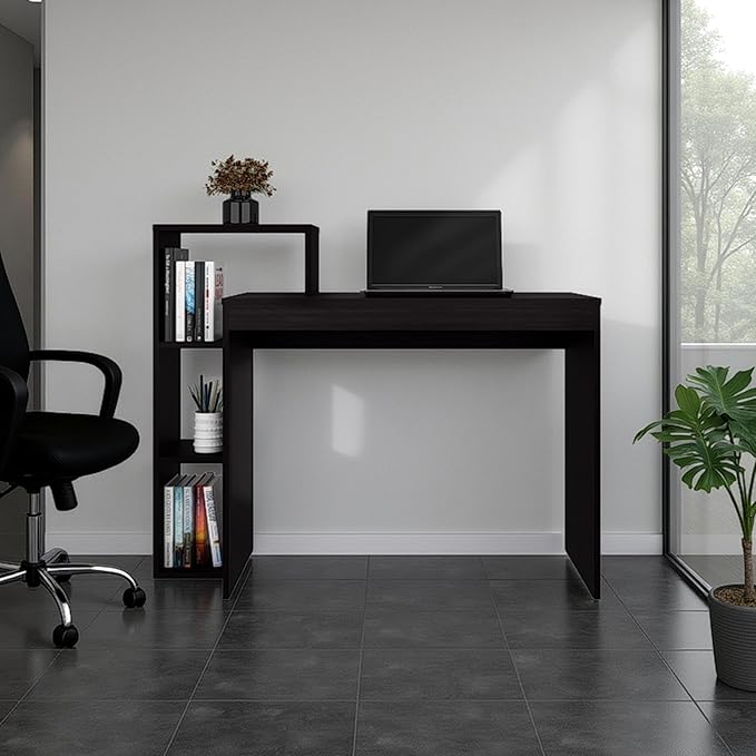 FM FURNITURE Salomé Computer Desk with Open Storage, Wenge Integrated storage: Features a side shelving unit with three open compartments for books, decorations, or office supplies. Made from melami