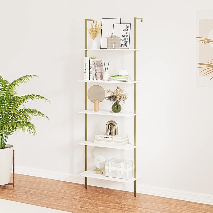 Wolawu 5 Tiers Ladder 2-Piece Shelf White Marble Modern Bookshelf Open Tall Wall Mount Bookcase Standing Leaning Wall Shelves Industrial Decorative
