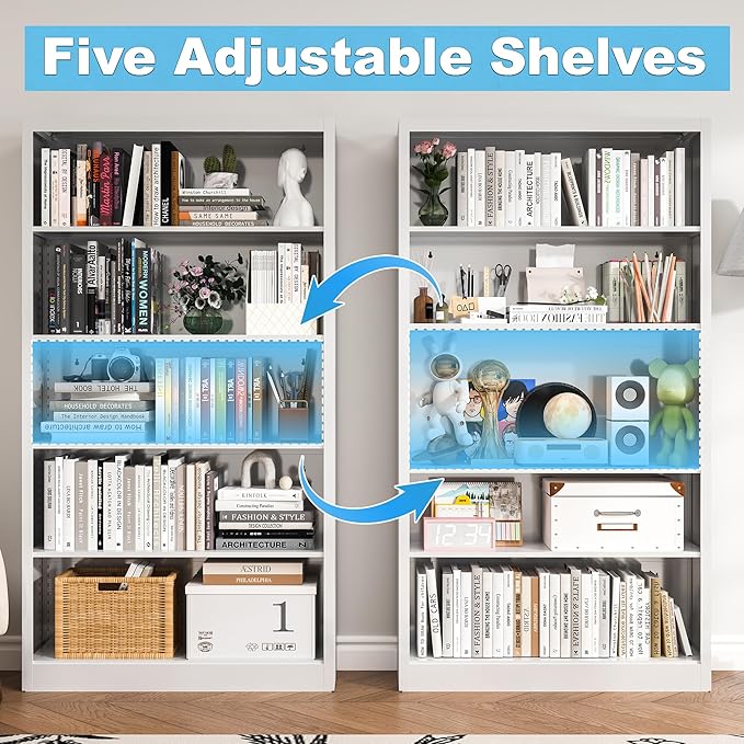 5 Tier Metal Bookshelf, 55 in Tall White Bookcase, 4 Adjustable Storage Shelves, Large Heavy Duty Bookcases for Office, Study Room, Home, Library