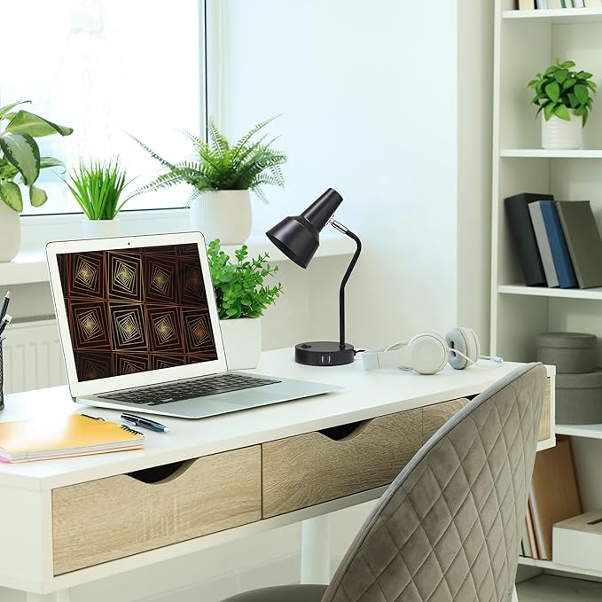 Simple Designs LD1072-BLK 15.2" Sleek Essentials Metal Cone Shade Desk Lamp with Adjustable Shade and Dual USB Ports, for Office, Desk, Nightstand, Dorm, Black