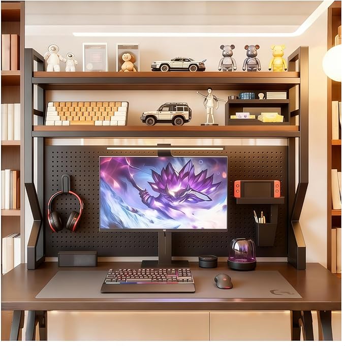 Desktop Hutch Bookshelf,Many Gifts,Metal Desktop Bookcase with pegboard, Desk Shelf, Countertop Storage Organizer Rack for Dorm or Office,Desktop Shelves Brown（ 37.4" Lx9.9 Wx39 H
