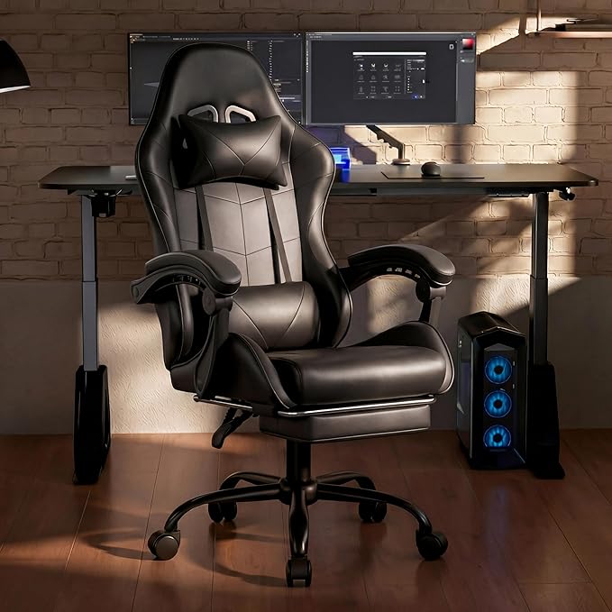 Ergonomic Gaming Chair, Desk Chair with Headrest & Lumbar Support, 90°-150° Reclining Backrest & Footrest, 361° Swivel Height Adjustable Computer Chair, High Back for Adults